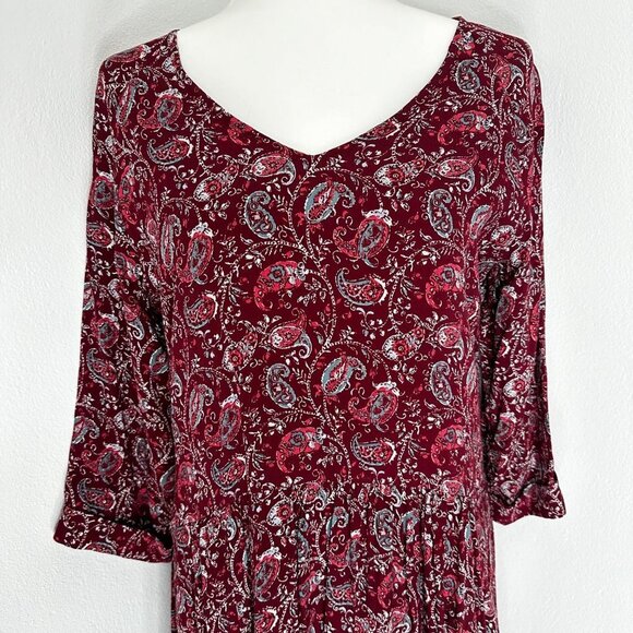Garnet Hill Shirt Dress Women 10 Burgundy Paisley Knee Length 3/4 Sleeve Pockets - Picture 2 of 11